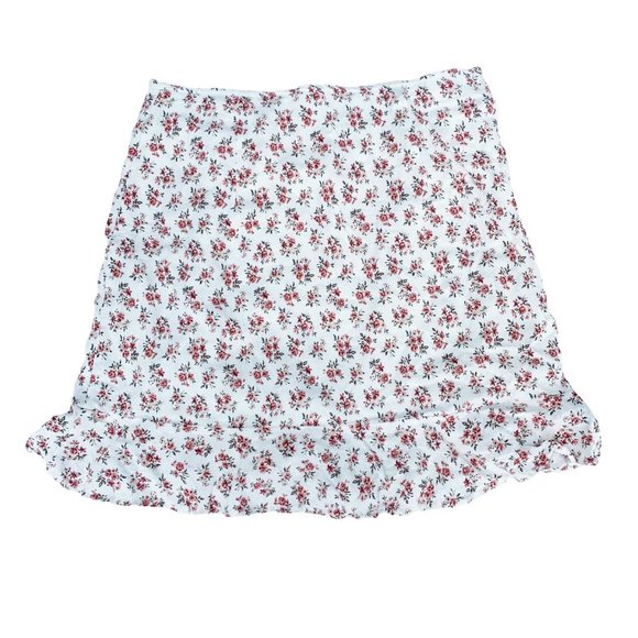White Floral Ruffle Mini Skirt with Red Flowers High Waist Hollister Small - Picture 3 of 11